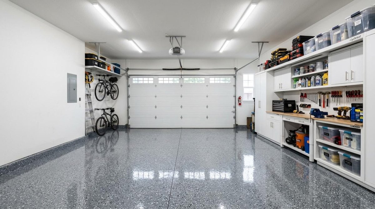 The same garage floor after a flake epoxy coating