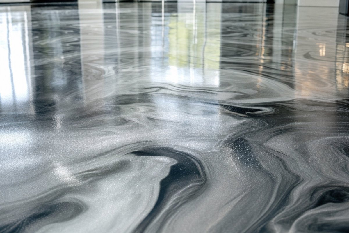 Close-up of a silver metallic epoxy swirl finish