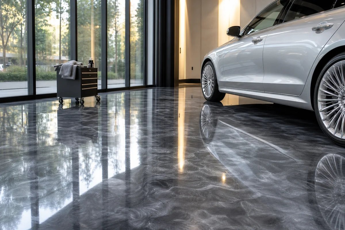 Custom marbled metallic epoxy floor installed in Denver
